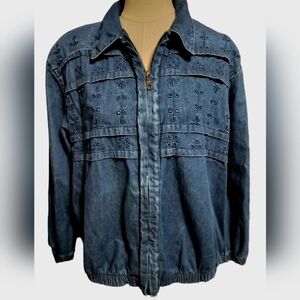 1778)Vintage 90's Alfred Dunner Zip Up Denim Embroidered Jean Jacket Plus Sz 16